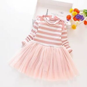 Pink Striped Kids Dress with Tulle Skirt size 4/5 New